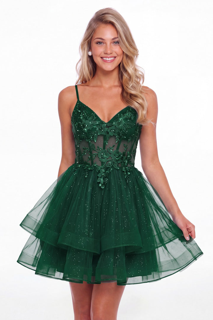 Peacock V Neck Tulle Lace Applique Mini Homecoming Dress - Front View