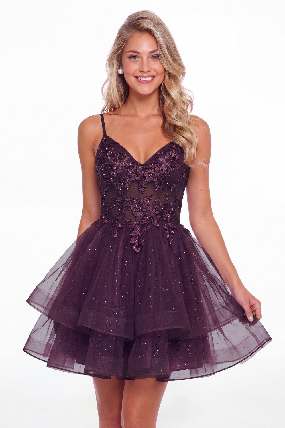 Plum V Neck Tulle Lace Applique Mini Homecoming Dress - Front View