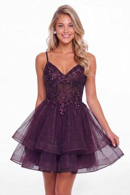 Plum V Neck Tulle Lace Applique Mini Homecoming Dress - Front View