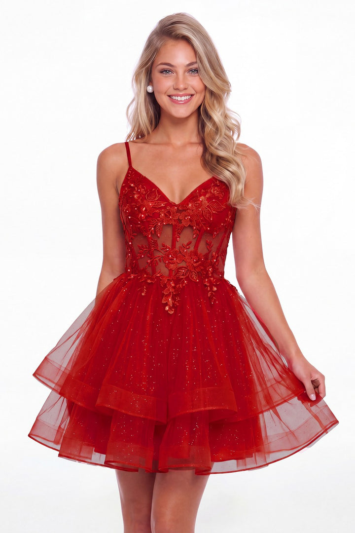 Red V Neck Tulle Lace Applique Mini Homecoming Dress - Front View