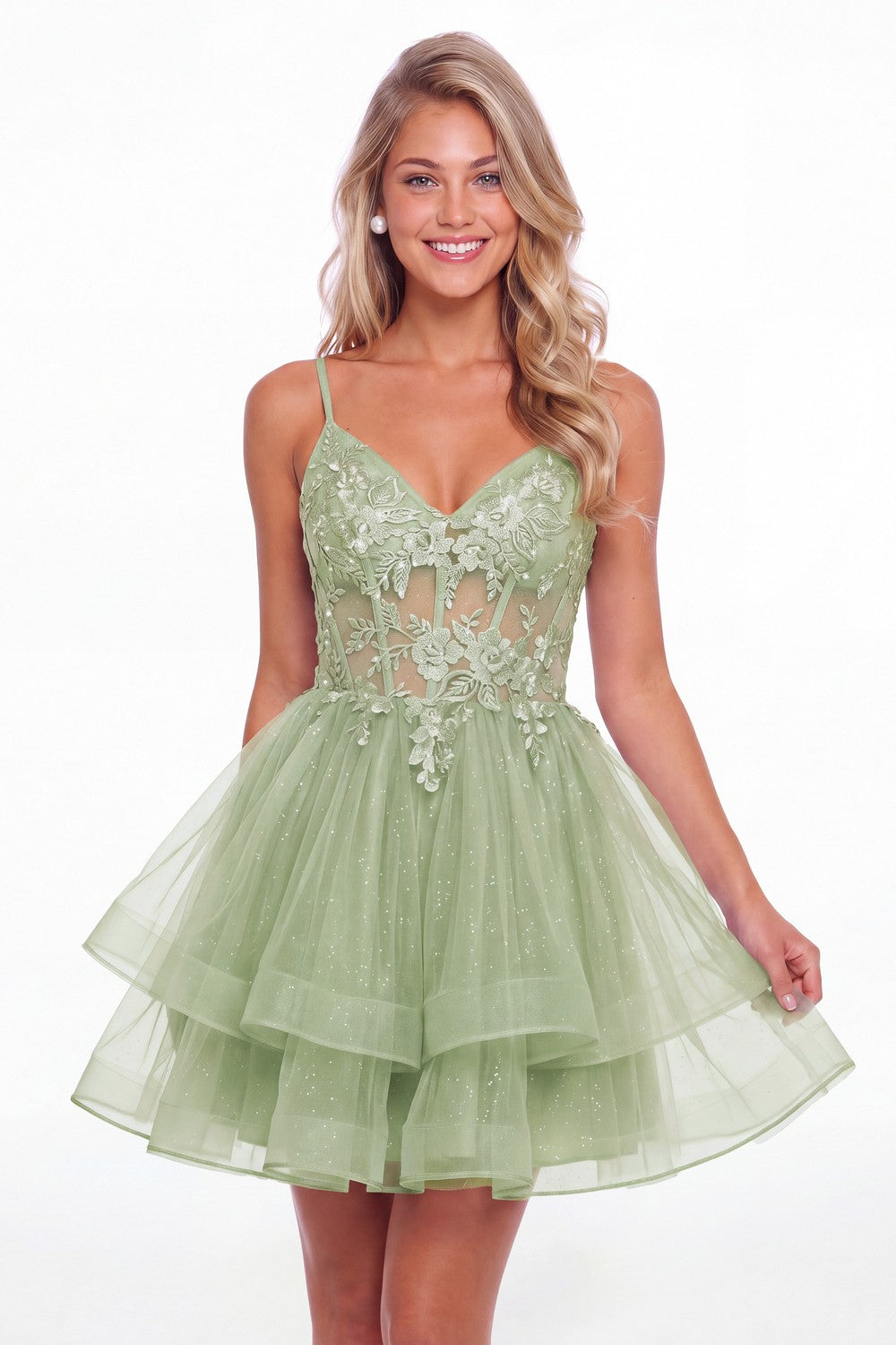 Sage Green V Neck Tulle Lace Applique Mini Homecoming Dress - Front View