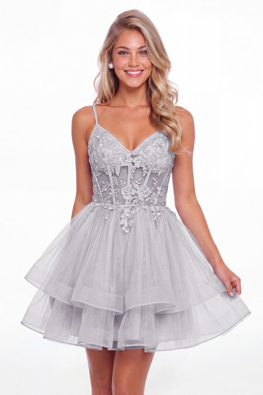 Silver V Neck Tulle Lace Applique Mini Homecoming Dress - Front View