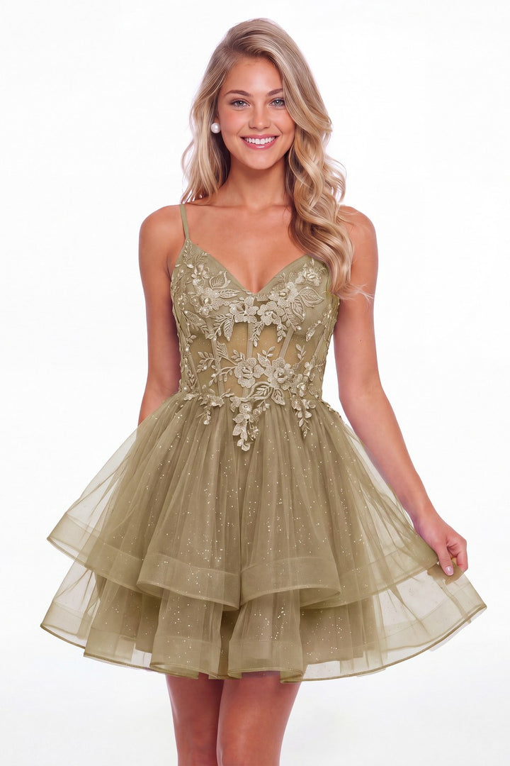 Taupe V Neck Tulle Lace Applique Mini Homecoming Dress - Front View