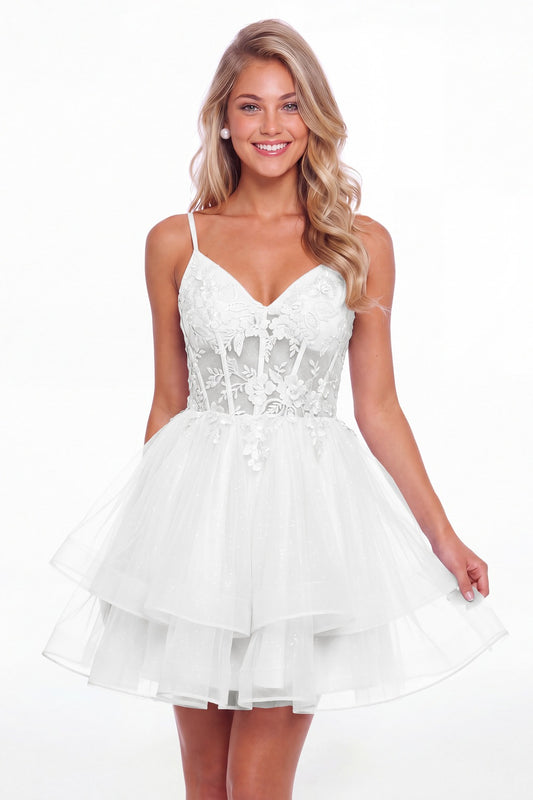 White V Neck Tulle Lace Applique Mini Homecoming Dress - Front View