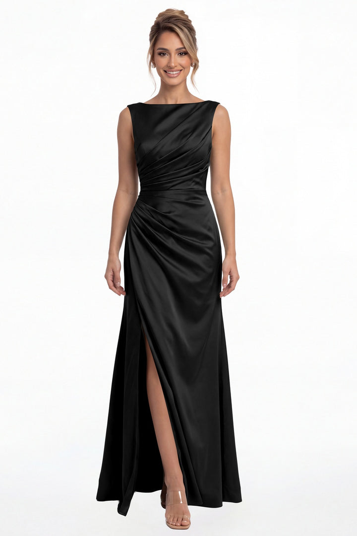 Black Bateau Neck Ruched Satin Slit Maxi Dress - Front View