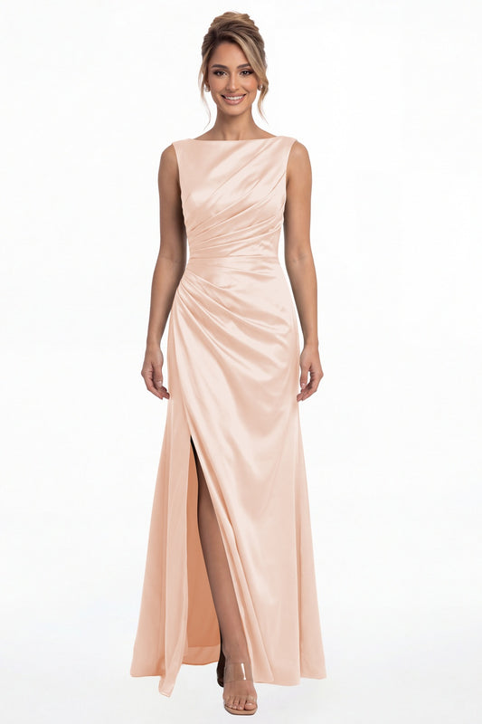 Blush Pink Bateau Neck Ruched Satin Slit Maxi Dress - Front View