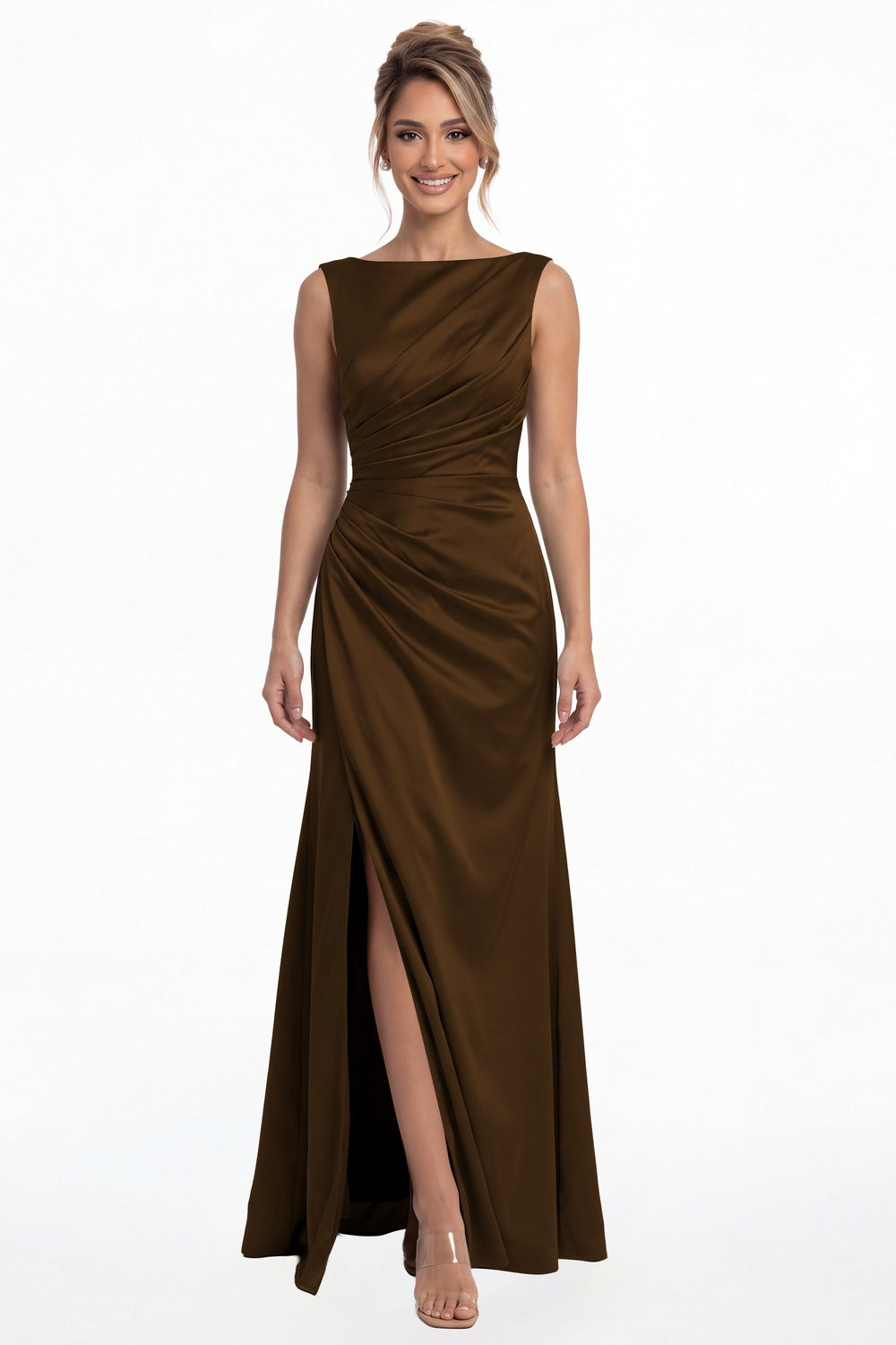 Brown Bateau Neck Ruched Satin Slit Maxi Dress - Front View