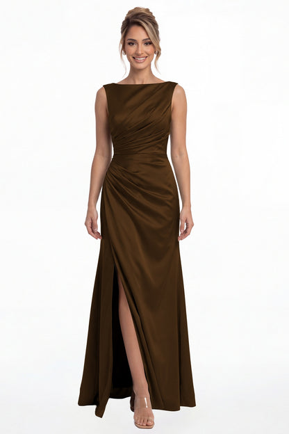 Brown Bateau Neck Ruched Satin Slit Maxi Dress - Front View