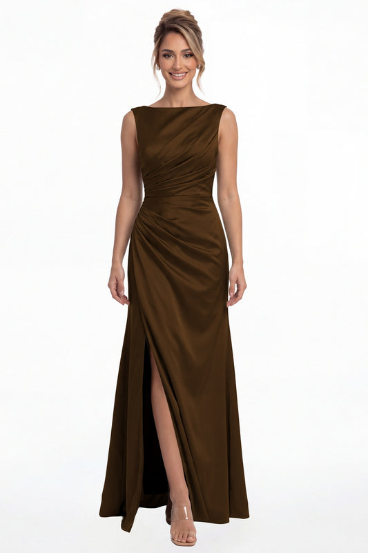 Brown Bateau Neck Ruched Satin Slit Maxi Dress - Front View