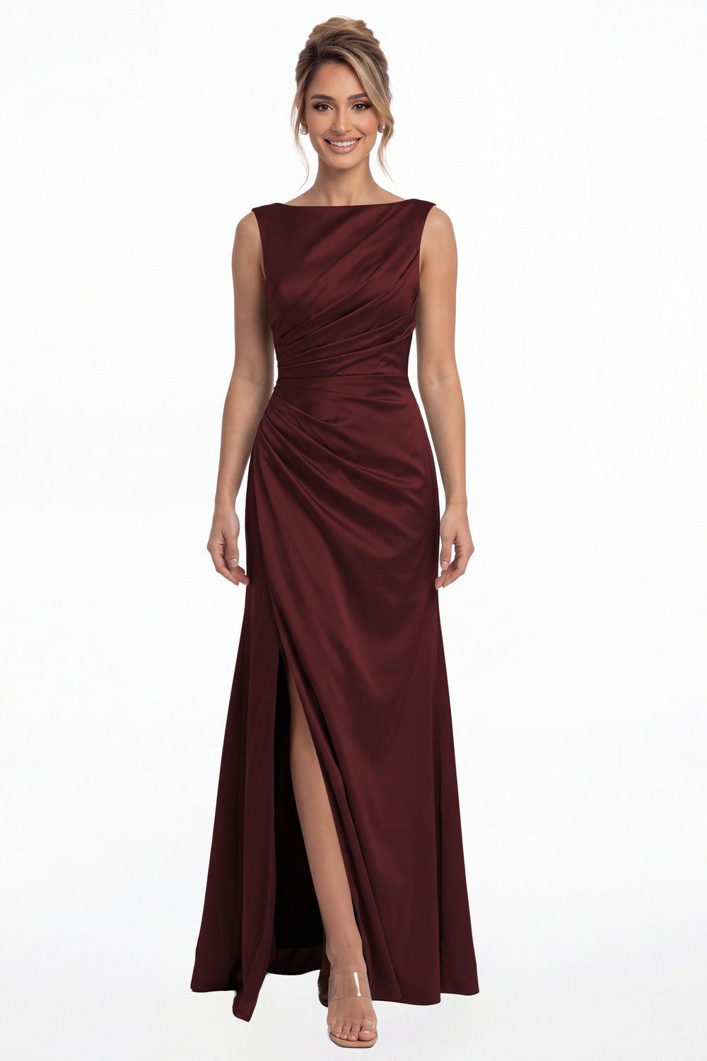 Burgundy Bateau Neck Ruched Satin Slit Maxi Dress - Front View
