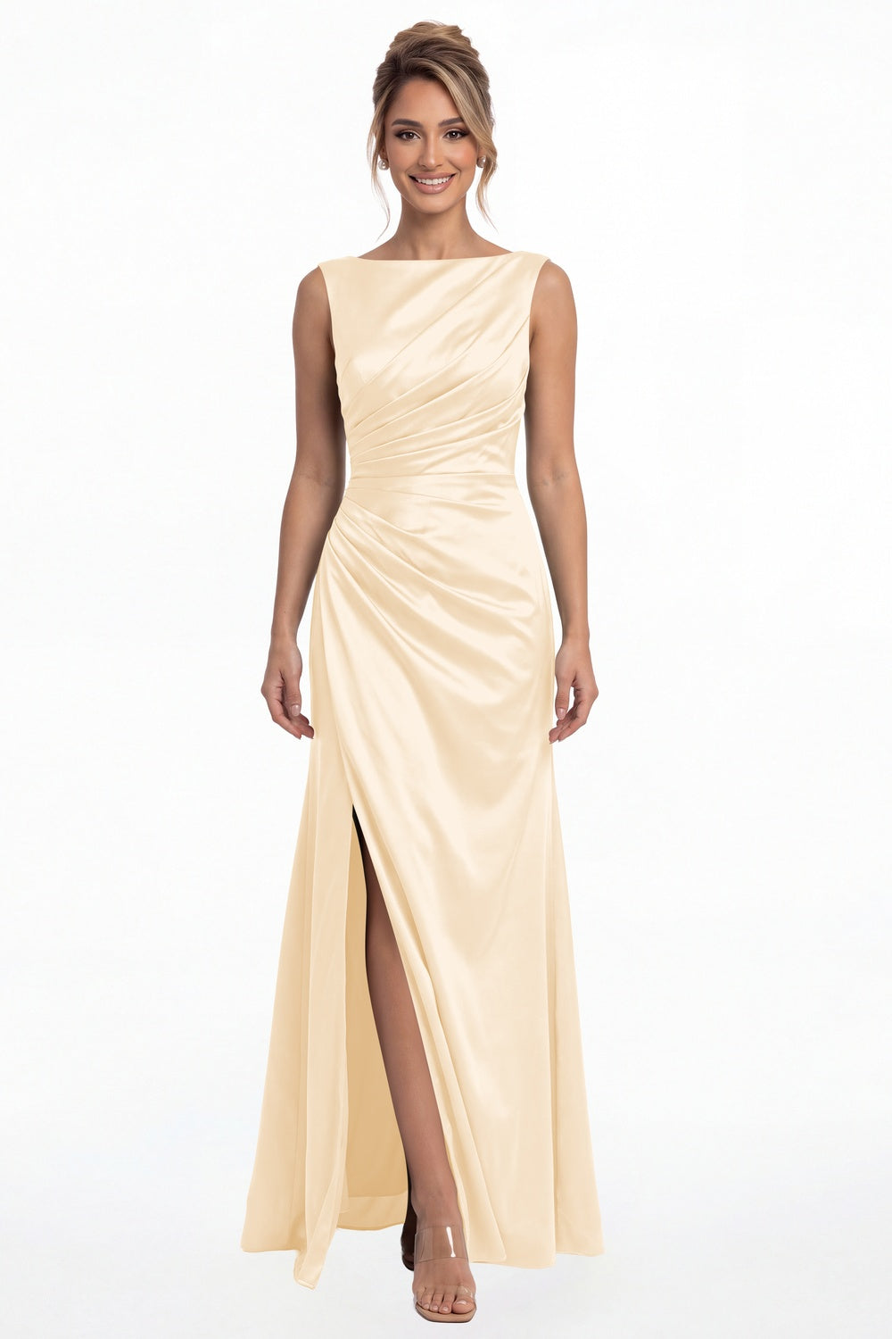 Champagne Bateau Neck Ruched Satin Slit Maxi Dress - Front View