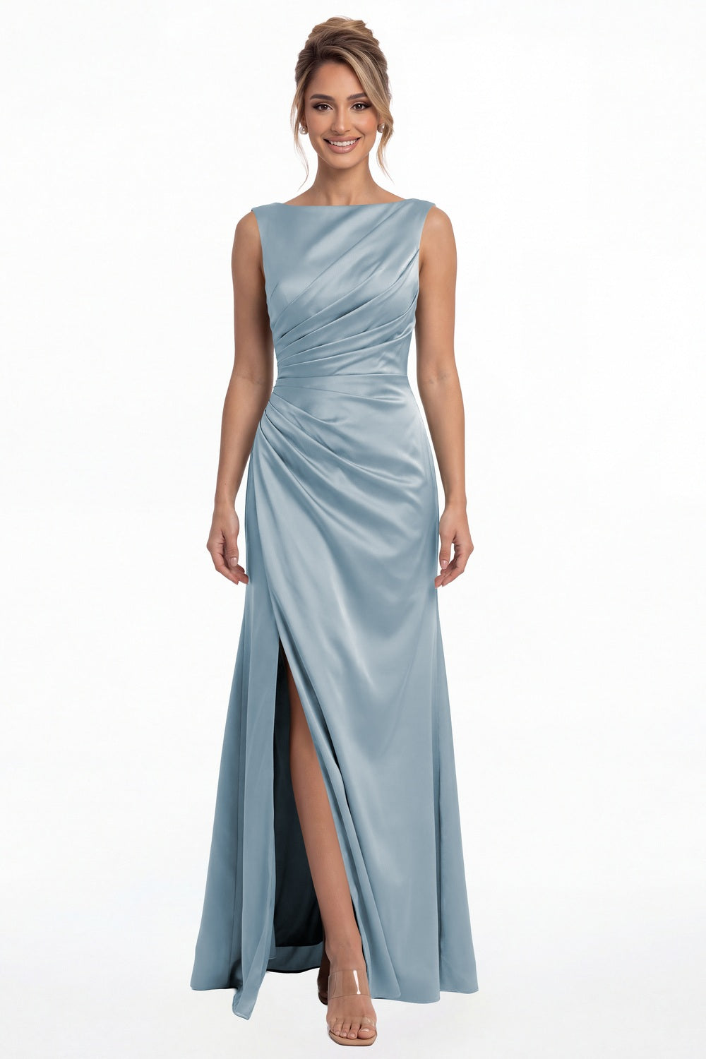 Dusty Blue Bateau Neck Ruched Satin Slit Maxi Dress - Front View