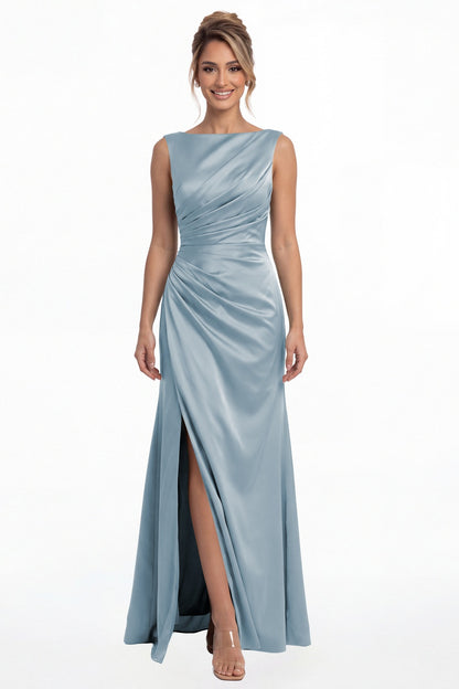 Dusty Blue Bateau Neck Ruched Satin Slit Maxi Dress - Front View