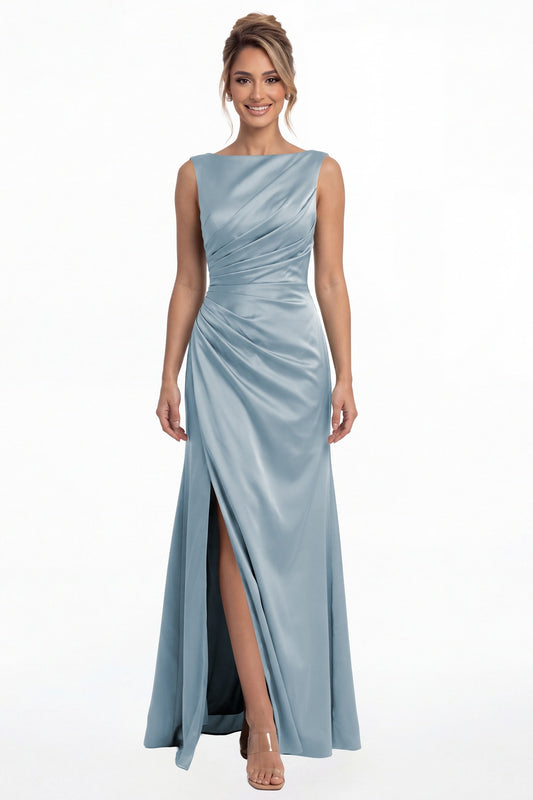 Dusty Blue Bateau Neck Ruched Satin Slit Maxi Dress - Front View