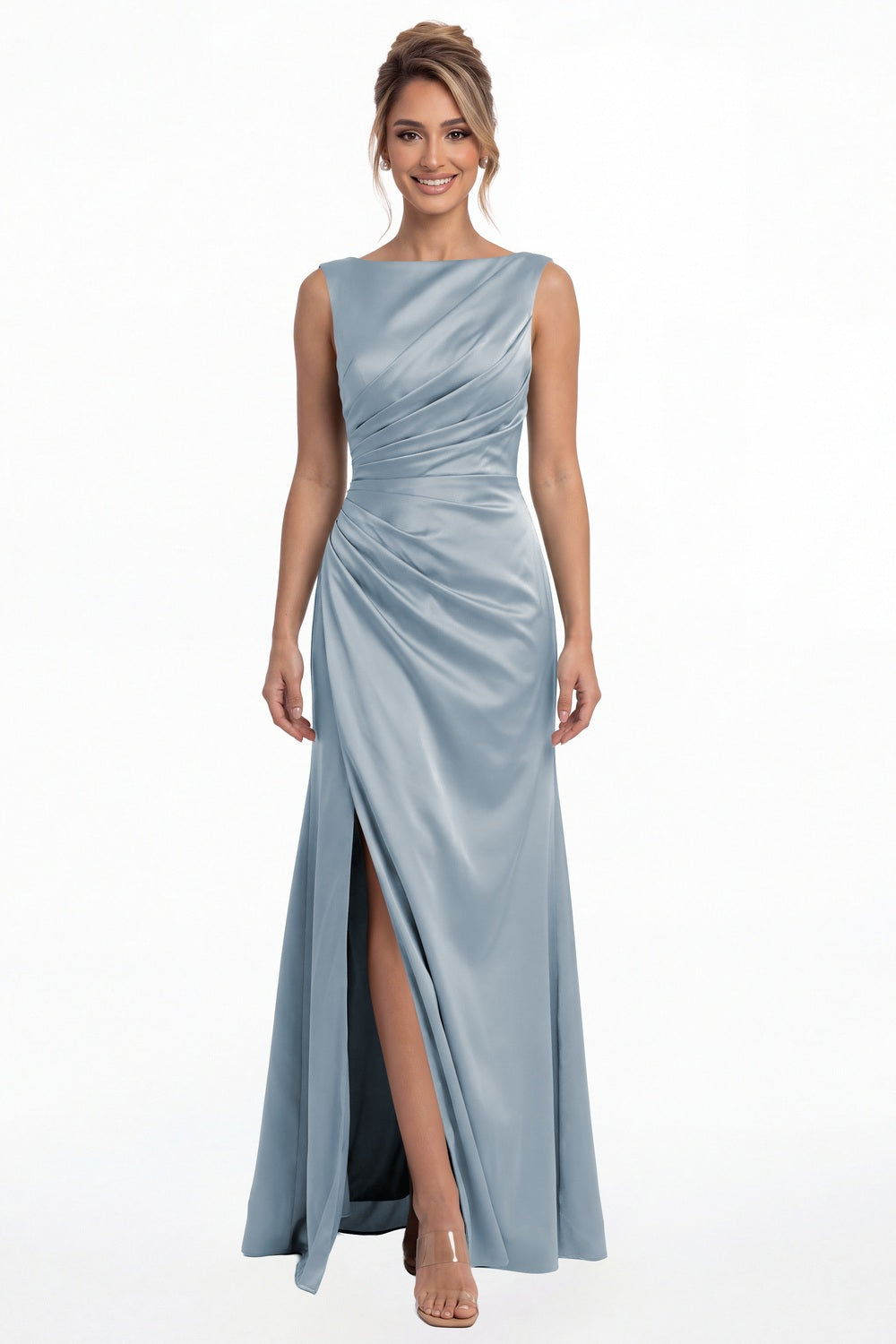 Dusty Blue Bateau Neck Ruched Satin Slit Maxi Dress - Front View