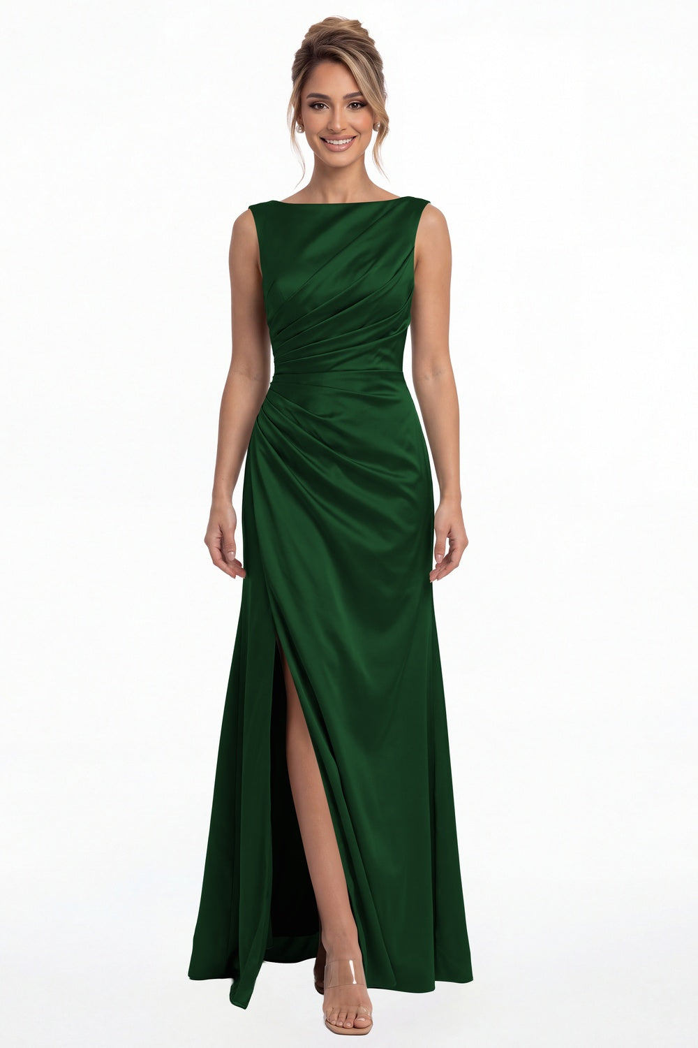 Emerald Green Bateau Neck Ruched Satin Slit Maxi Dress - Front View