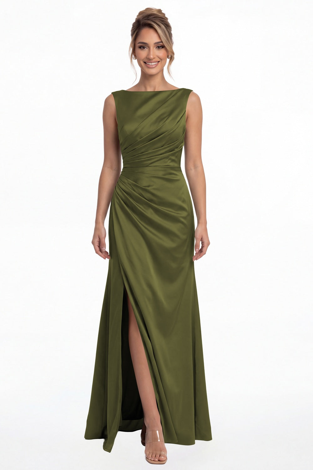 Olive Green Bateau Neck Ruched Satin Slit Maxi Dress - Front View