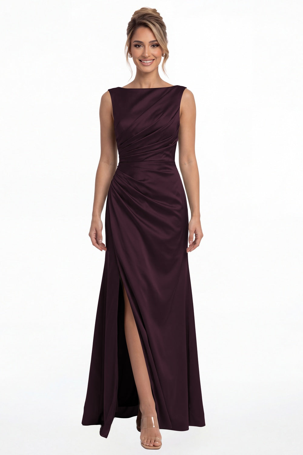 Plum Bateau Neck Ruched Satin Slit Maxi Dress - Front View