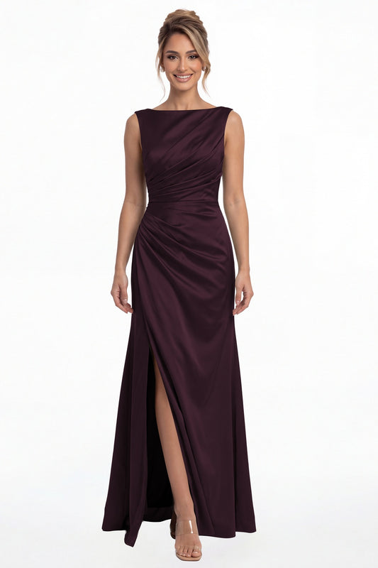 Plum Bateau Neck Ruched Satin Slit Maxi Dress - Front View