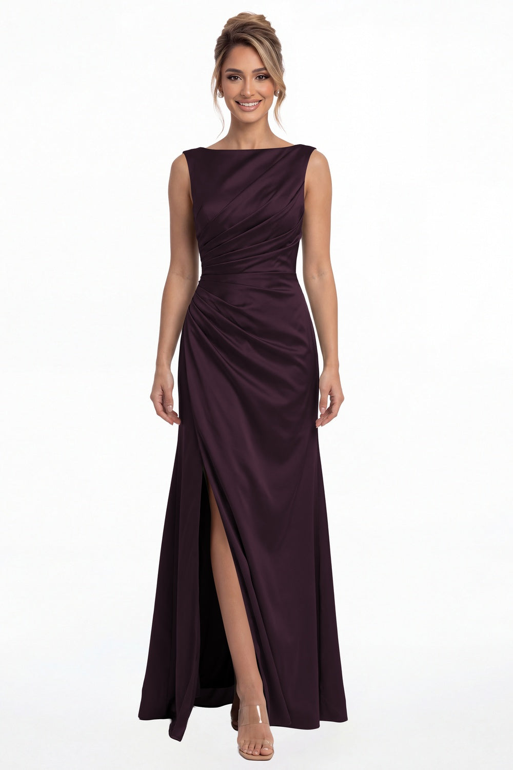 Plum Bateau Neck Ruched Satin Slit Maxi Dress - Front View