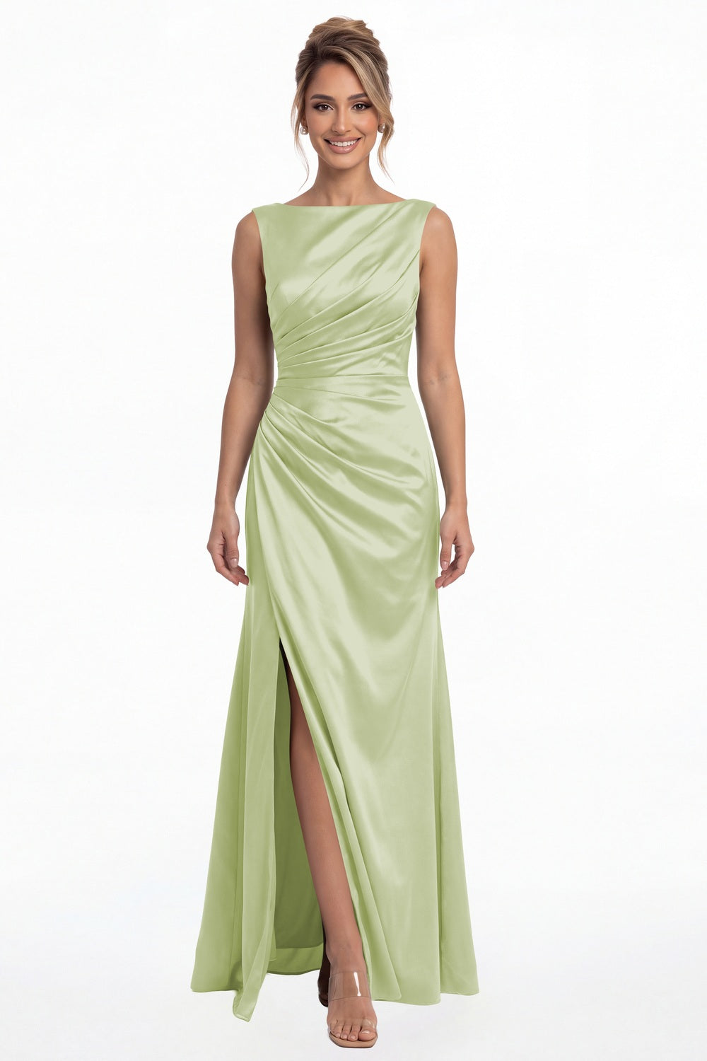 Sage Green Bateau Neck Ruched Satin Slit Maxi Dress - Front View