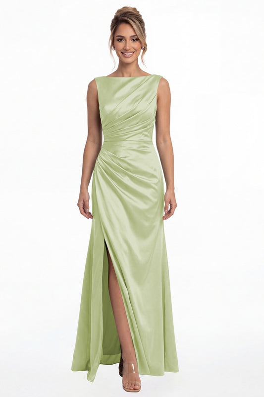 Sage Green Bateau Neck Ruched Satin Slit Maxi Dress - Front View