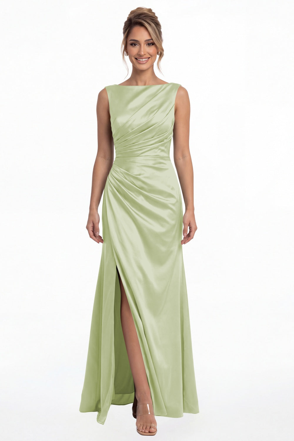 Sage Green Bateau Neck Ruched Satin Slit Maxi Dress - Front View