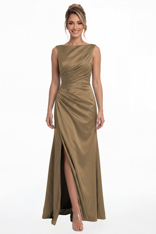 Taupe Bateau Neck Ruched Satin Slit Maxi Dress - Front View
