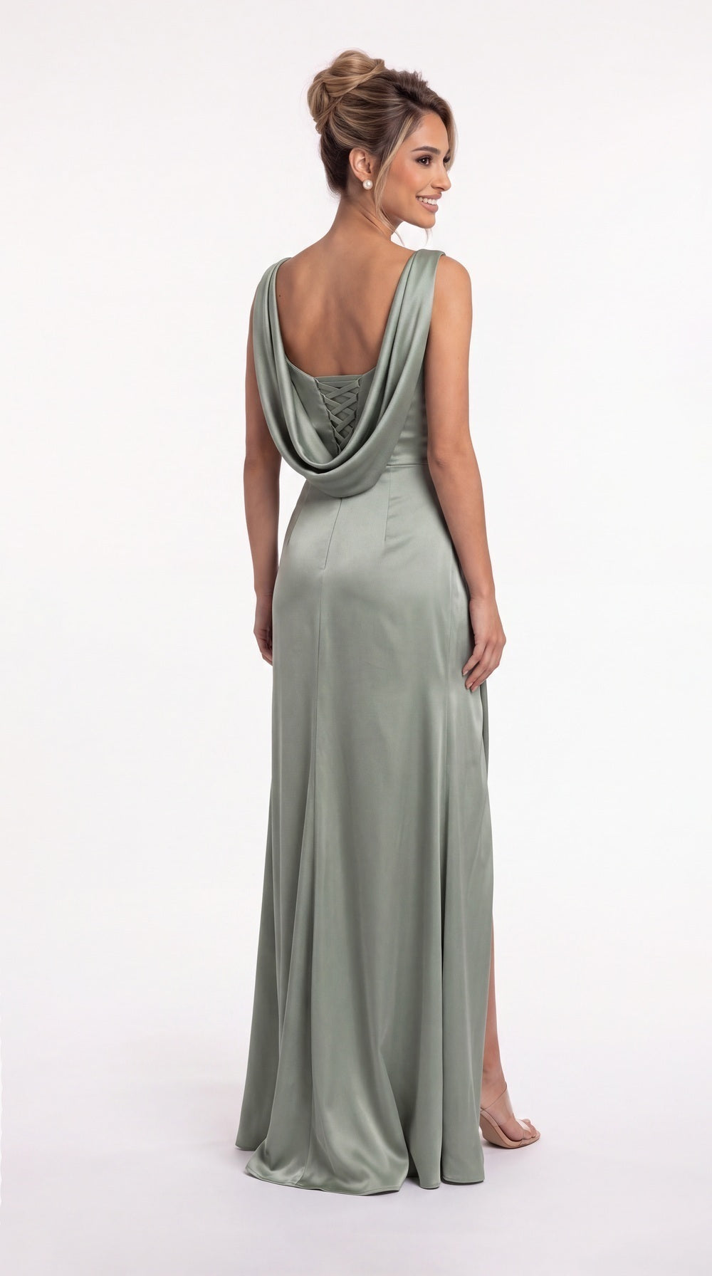 Bateau Neck Ruched Satin Slit Maxi Dress - Back View