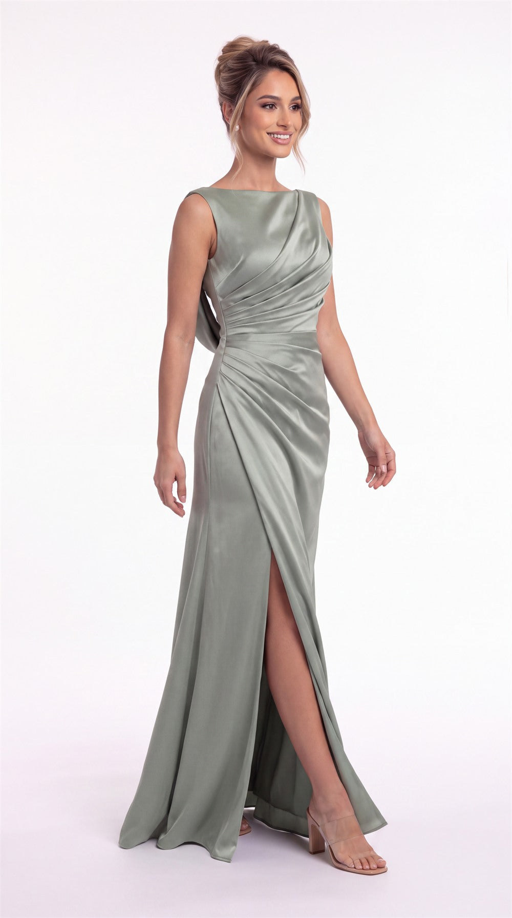 Bateau Neck Ruched Satin Slit Maxi Dress - Detail 4