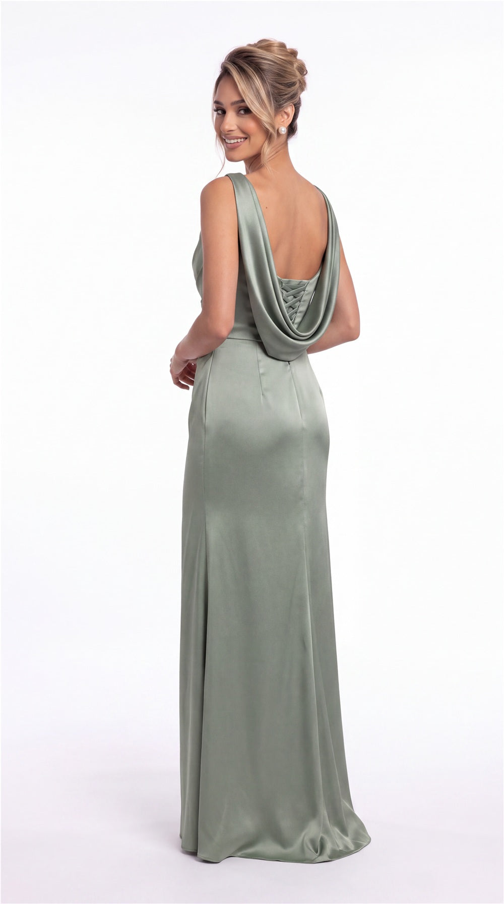 Bateau Neck Ruched Satin Slit Maxi Dress - Detail 5
