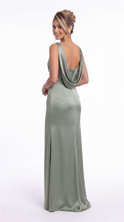 Bateau Neck Ruched Satin Slit Maxi Dress - Detail 5