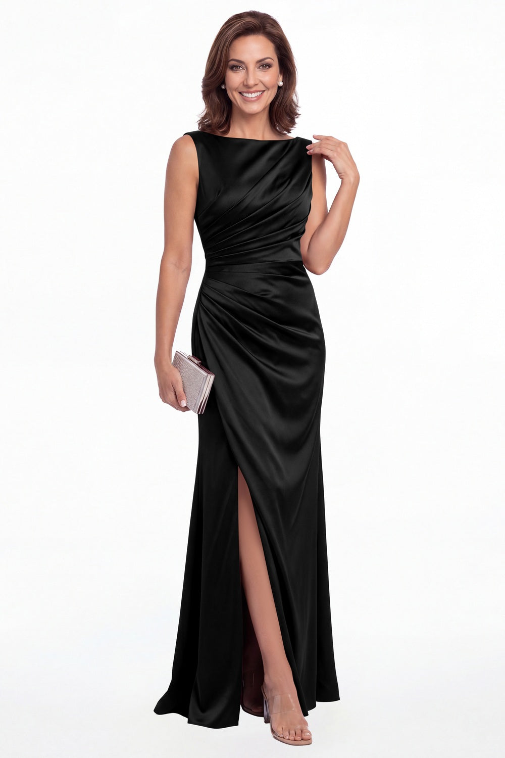 Black Bateau Neck Ruched Satin Slit Maxi Gown - Front View