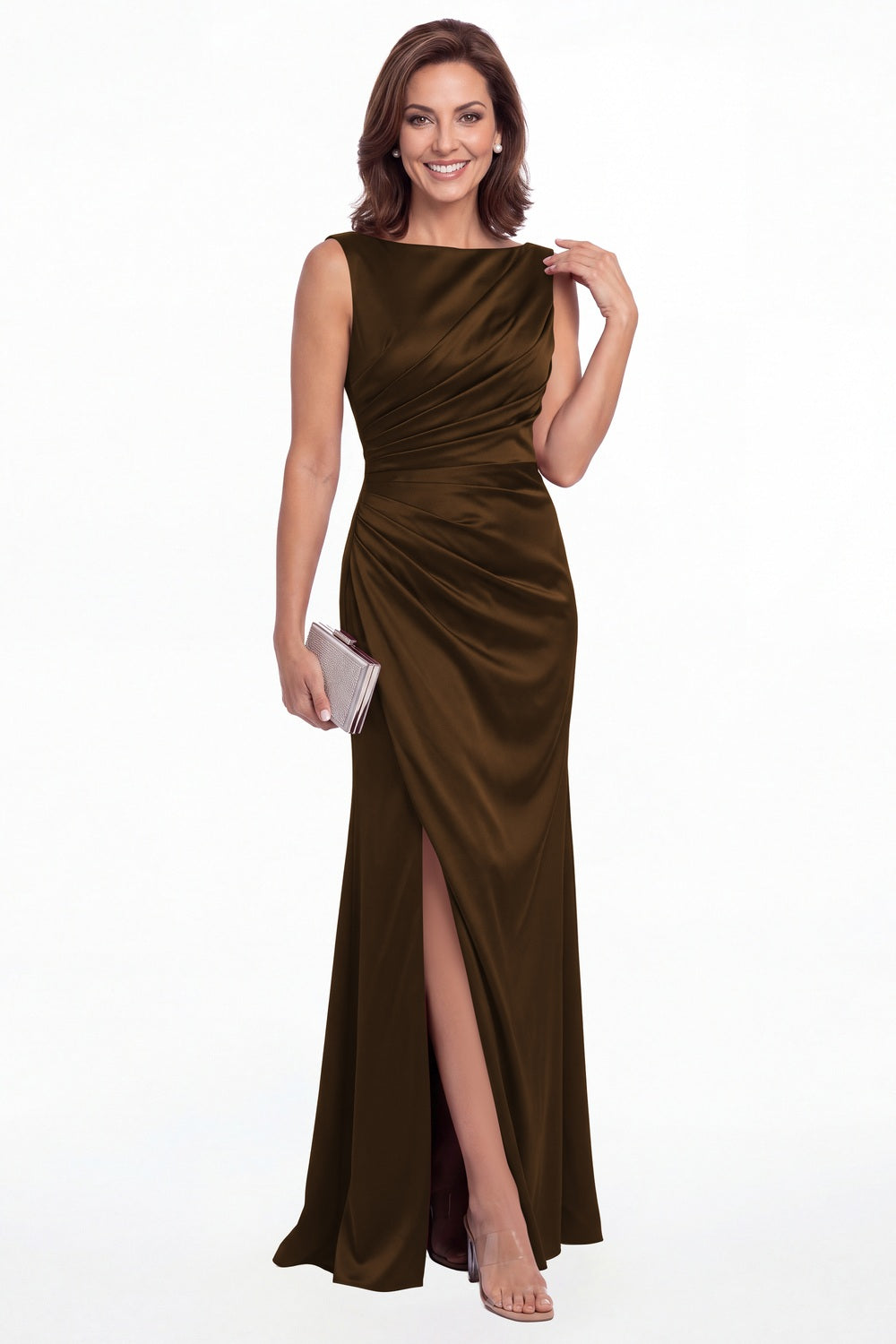 Brown Bateau Neck Ruched Satin Slit Maxi Gown - Front View