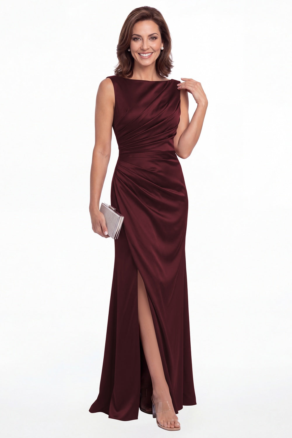 Burgundy Bateau Neck Ruched Satin Slit Maxi Gown - Front View