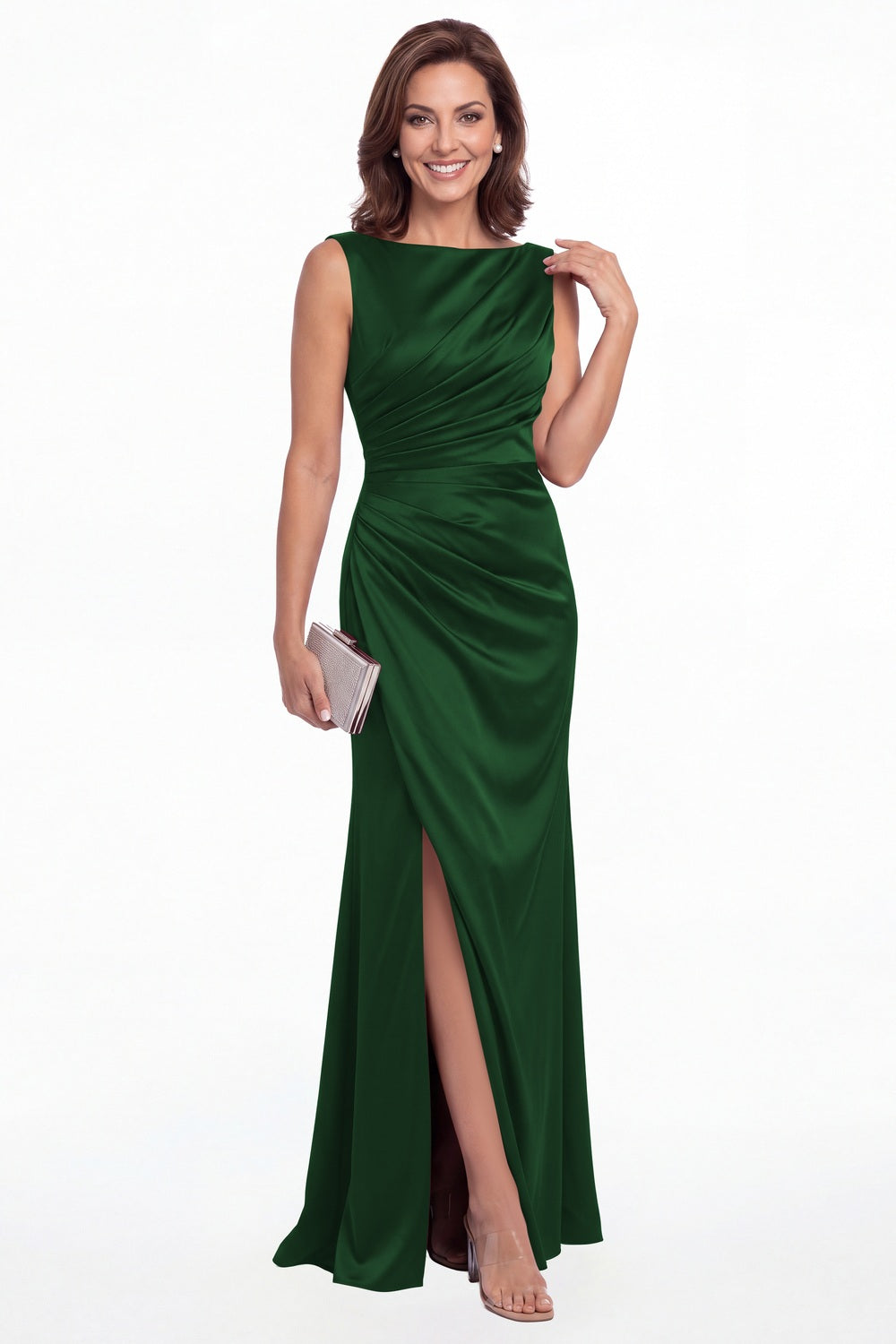 Emerald Green Bateau Neck Ruched Satin Slit Maxi Gown - Front View