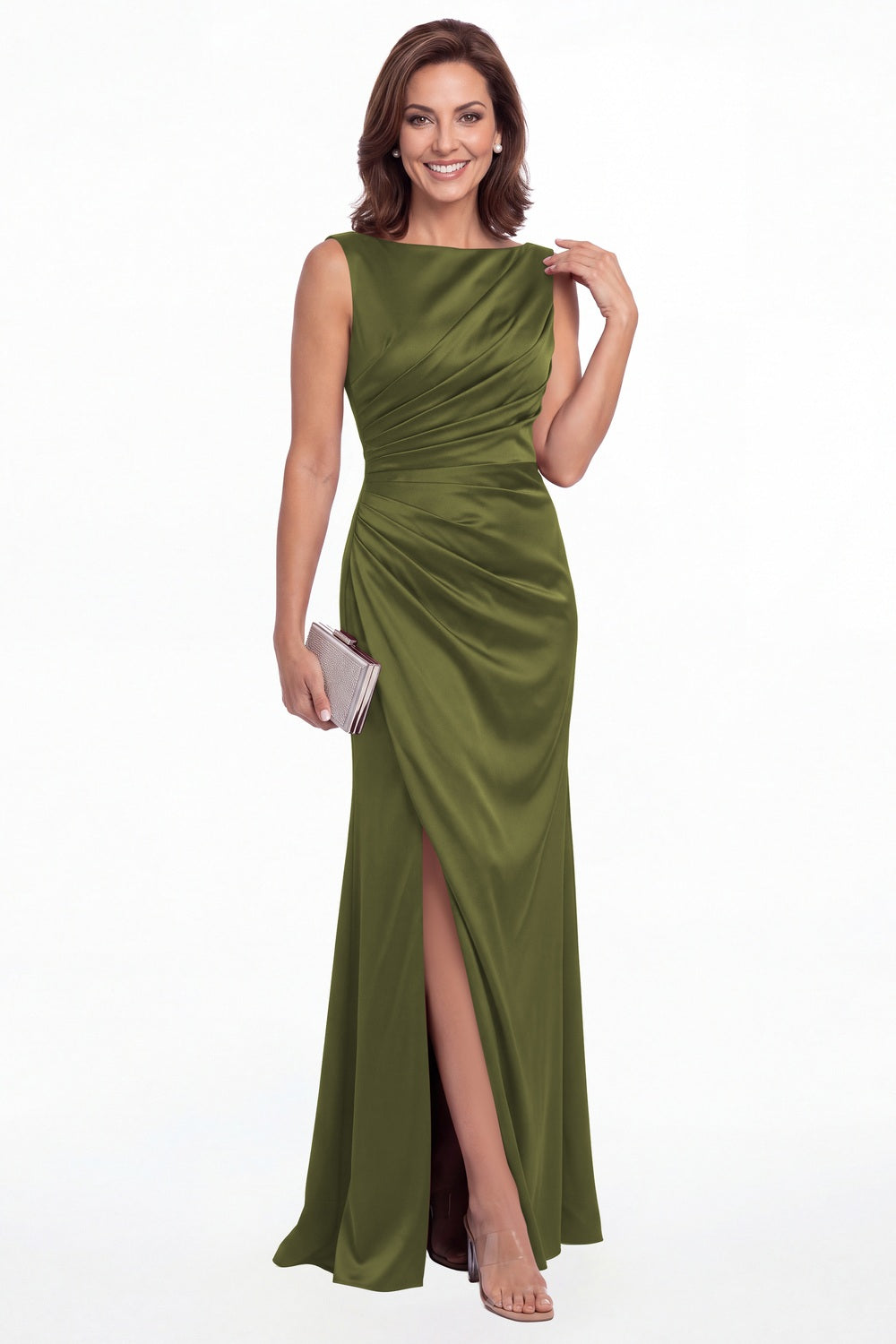 Olive Green Bateau Neck Ruched Satin Slit Maxi Gown - Front View