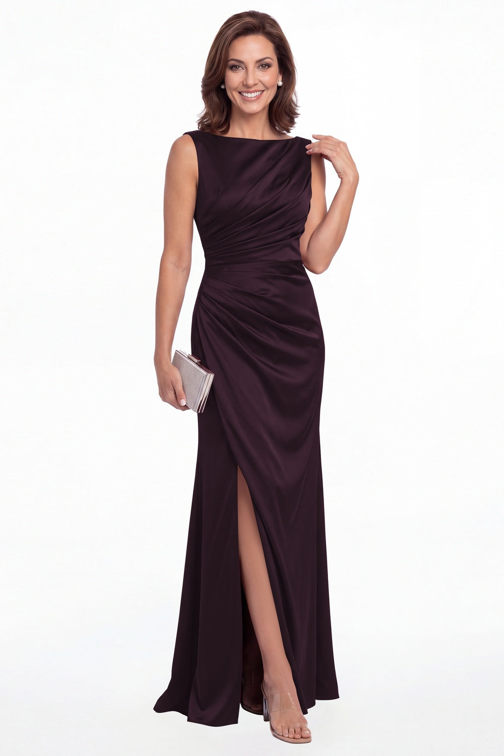 Plum Bateau Neck Ruched Satin Slit Maxi Gown - Front View