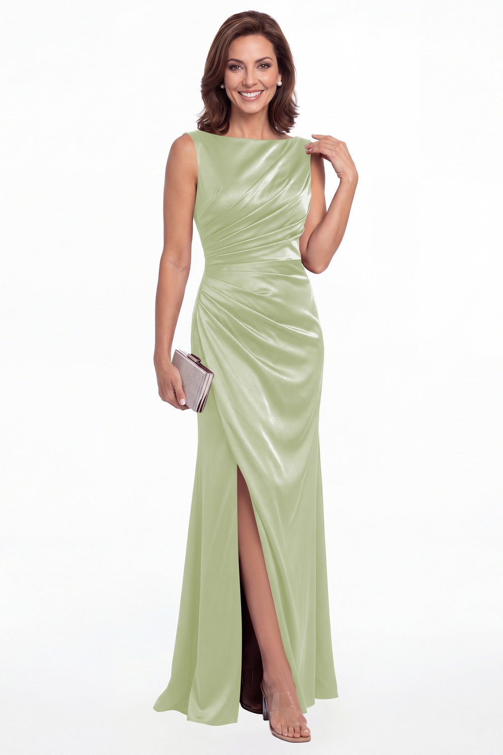 Sage Green Bateau Neck Ruched Satin Slit Maxi Gown - Front View
