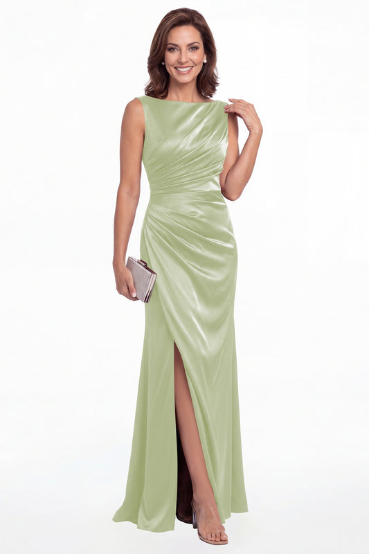 Sage Green Bateau Neck Ruched Satin Slit Maxi Gown - Front View