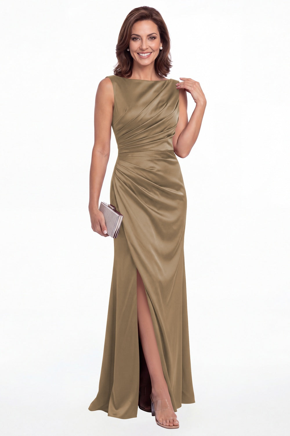 Taupe Bateau Neck Ruched Satin Slit Maxi Gown - Front View