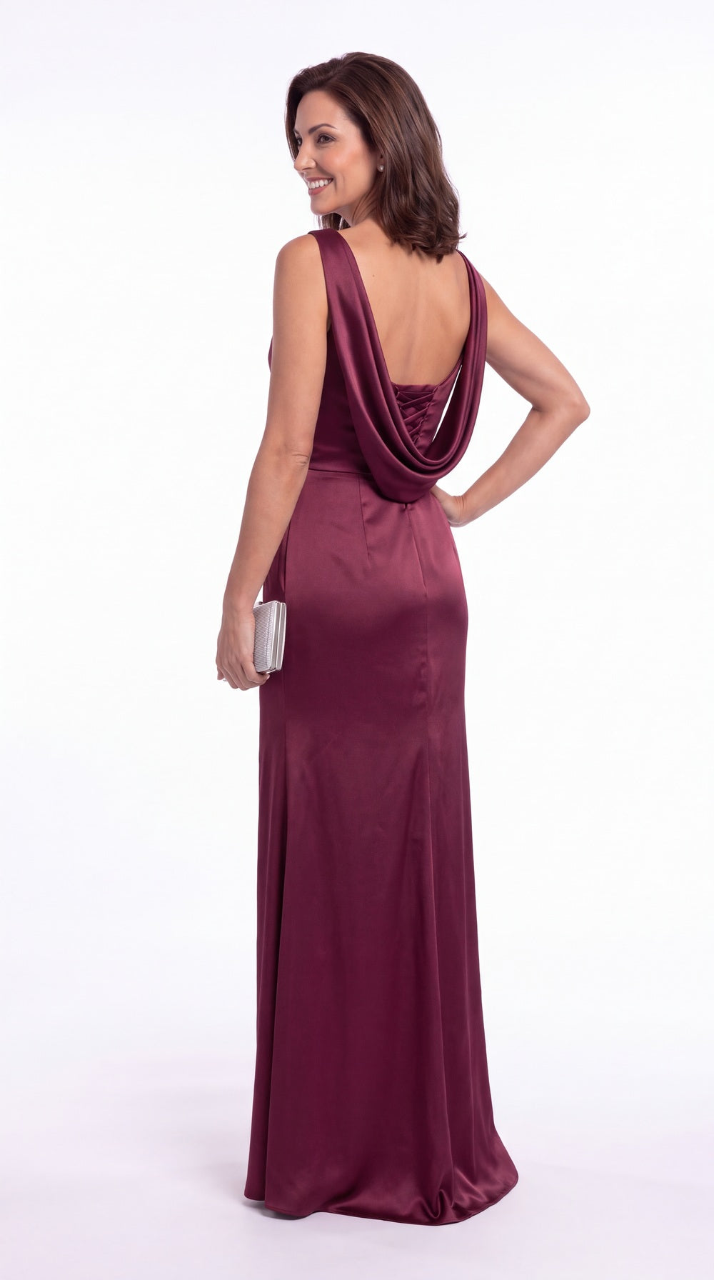 Bateau Neck Ruched Satin Slit Maxi Gown - Back View