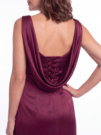 Bateau Neck Ruched Satin Slit Maxi Gown - Detail 2