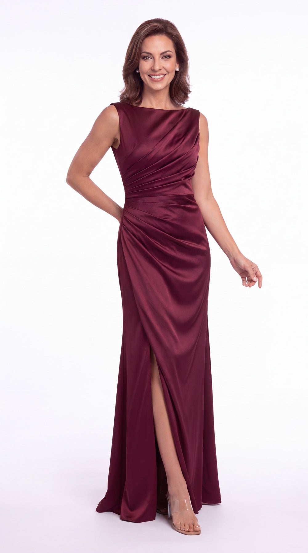 Bateau Neck Ruched Satin Slit Maxi Gown - Detail 3
