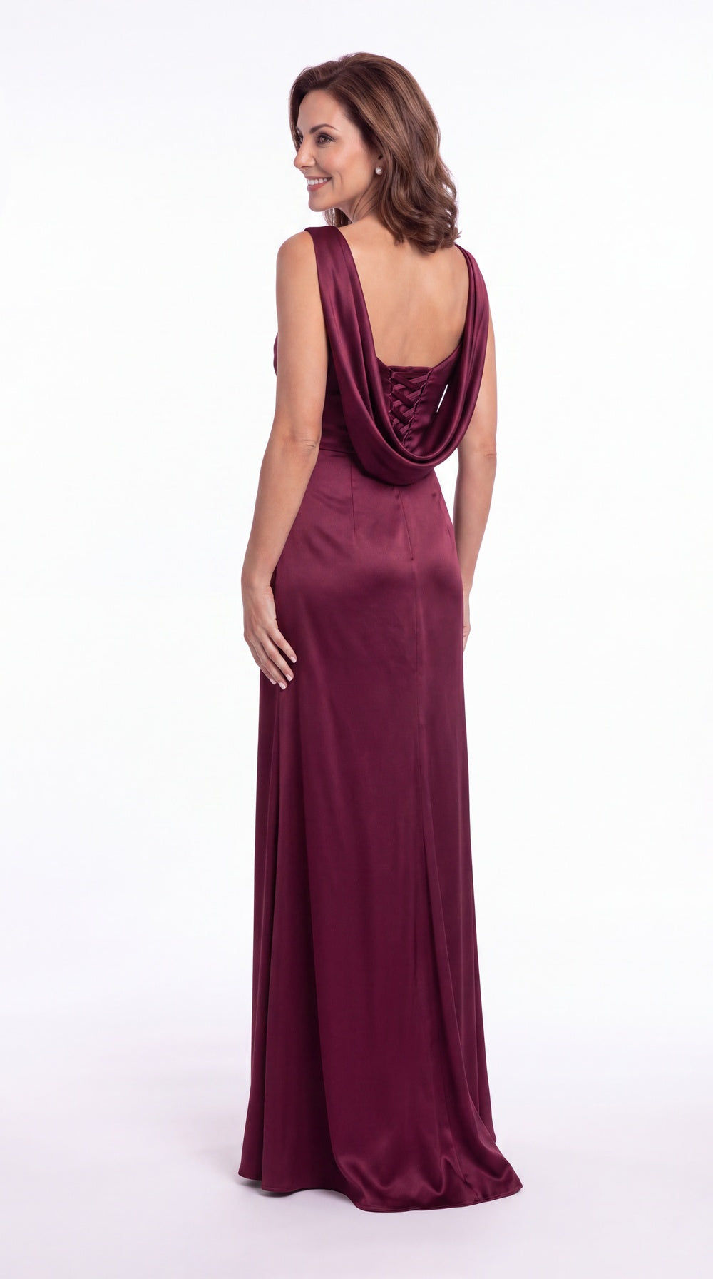 Bateau Neck Ruched Satin Slit Maxi Gown - Detail 4