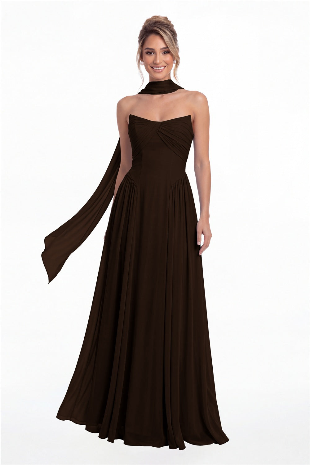 Brown Strapless Chiffon Ruched A-Line Maxi Gown - Front View
