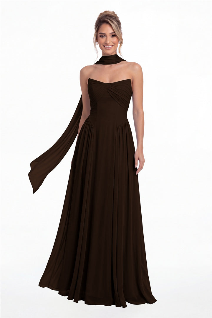 Brown Strapless Chiffon Ruched A-Line Maxi Gown - Front View