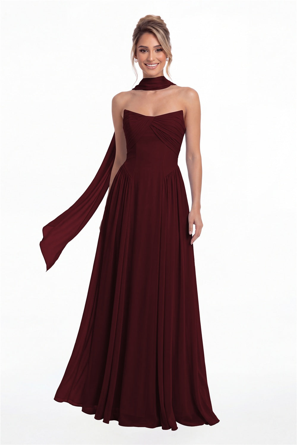 Burgundy Strapless Chiffon Ruched A-Line Maxi Gown - Front View