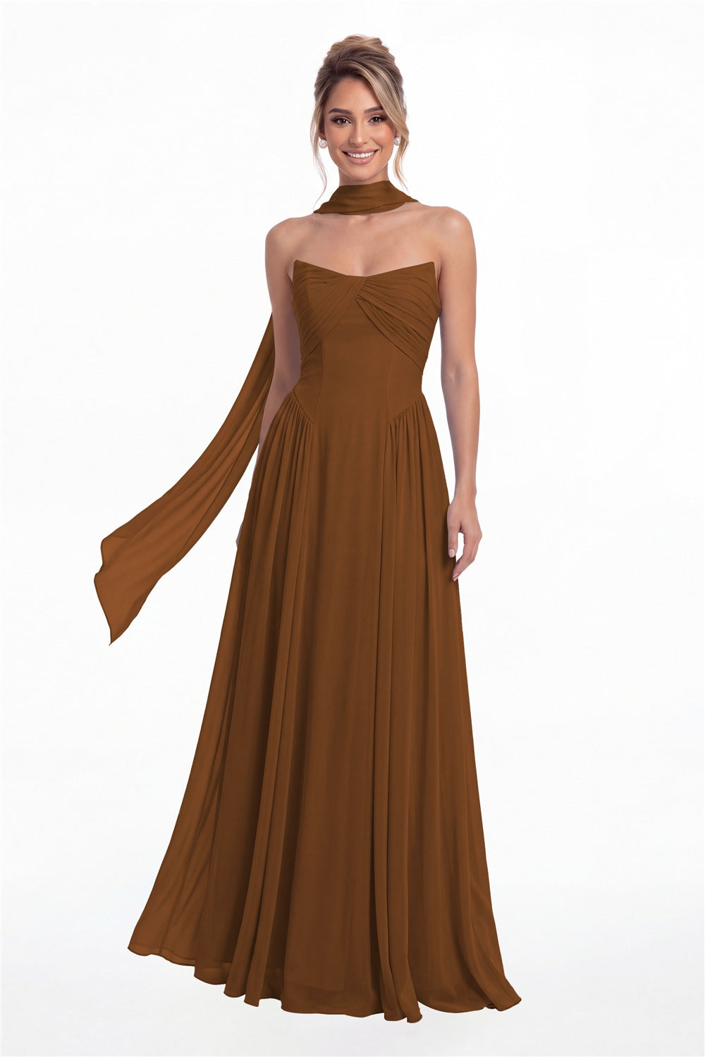 Burnt Orange Strapless Chiffon Ruched A-Line Maxi Gown - Front View