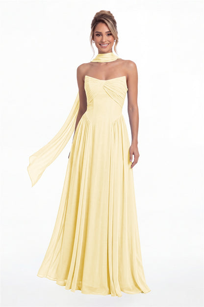 Butter Yellow Strapless Chiffon Ruched A-Line Maxi Gown - Front View